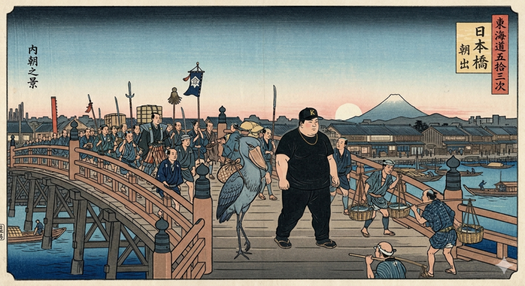 「日本橋を渡るハシビロコウと後輩Kの浮世絵」