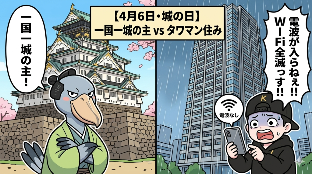 城の日にお城とタワマンの住み心地を比較するハシビロコウと後輩