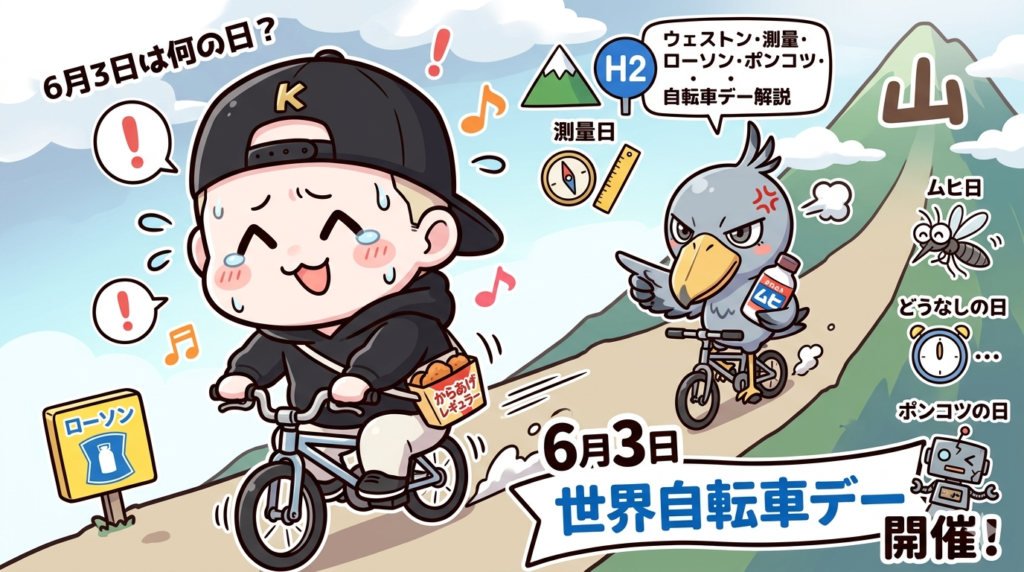 6月3日「世界自転車デー」のブログ記事用アイキャッチ画像。アニメ調のイラストで、黒いキャップとパーカー姿の男性キャラクター（後輩K）が、汗を流しながら楽しげに自転車を漕いでいる。自転車のカゴには「からあげクン」の箱。その後ろから、鋭い眼光のハシビロコウ（けだま。）が「ムヒ」のボトルを持ち、指を差しながら自転車で追いかけている。背景には山があり、道の脇には「ローソン」の看板。周囲には蚊、目覚まし時計、ポンコツロボット、コンパスと定規、山のアイコンなど、記事に登場する「ムヒの日」「なんもしない日」「ポンコツの日」「測量の日」「ウェストンの日」を象徴するアイテムが描かれている。全体に「6月3日は何の日？」「世界自転車デー 開催！」などの賑やかな日本語テキストが配置されている。
