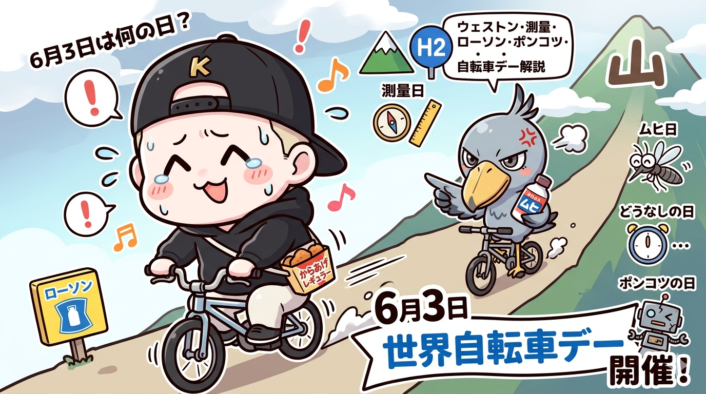 6月3日「世界自転車デー」のブログ記事用アイキャッチ画像。アニメ調のイラストで、黒いキャップとパーカー姿の男性キャラクター（後輩K）が、汗を流しながら楽しげに自転車を漕いでいる。自転車のカゴには「からあげクン」の箱。その後ろから、鋭い眼光のハシビロコウ（けだま。）が「ムヒ」のボトルを持ち、指を差しながら自転車で追いかけている。背景には山があり、道の脇には「ローソン」の看板。周囲には蚊、目覚まし時計、ポンコツロボット、コンパスと定規、山のアイコンなど、記事に登場する「ムヒの日」「なんもしない日」「ポンコツの日」「測量の日」「ウェストンの日」を象徴するアイテムが描かれている。全体に「6月3日は何の日？」「世界自転車デー 開催！」などの賑やかな日本語テキストが配置されている。