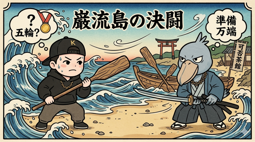 宮本武蔵（後輩K風の巨漢）と佐々木小次郎（ハシビロコウのけだま。）が巌流島で対峙するイラスト。武蔵が舟の櫂を持ち、小次郎が5分前行動を厳守して冷静に構える、ブログ「じっとしてないハシビロコウ」のアイキャッチ画像。