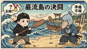 宮本武蔵（後輩K風の巨漢）と佐々木小次郎（ハシビロコウのけだま。）が巌流島で対峙するイラスト。武蔵が舟の櫂を持ち、小次郎が5分前行動を厳守して冷静に構える、ブログ「じっとしてないハシビロコウ」のアイキャッチ画像。