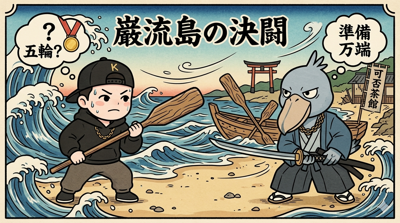 宮本武蔵（後輩K風の巨漢）と佐々木小次郎（ハシビロコウのけだま。）が巌流島で対峙するイラスト。武蔵が舟の櫂を持ち、小次郎が5分前行動を厳守して冷静に構える、ブログ「じっとしてないハシビロコウ」のアイキャッチ画像。