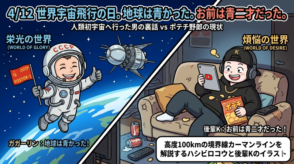 1961年の小柄で笑顔のガガーリン宇宙飛行士と、現代のソファでポテチを食べて寝そべる大柄な男性（後輩K）の対比イラスト。タイトル「4/12 世界宇宙飛行の日。地球は青かった。お前は青二才だった。」