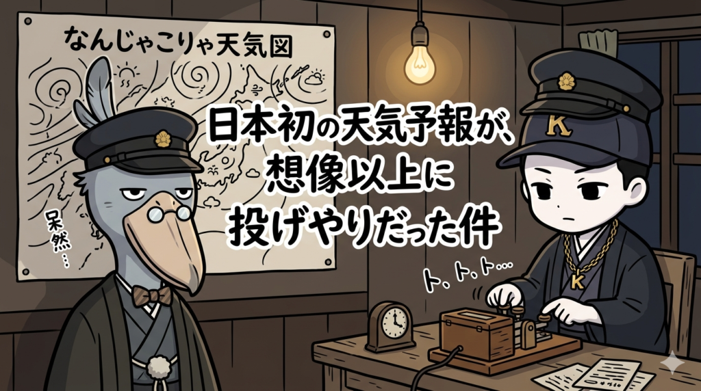 日本初の天気予報をテーマにしたイラスト。明治時代の制帽と和装姿のハシビロコウ（けだま。）と、電信機を叩く大柄な男性（後輩K）が、カオスな天気図の前で困惑している様子。