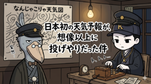 日本初の天気予報をテーマにしたイラスト。明治時代の制帽と和装姿のハシビロコウ（けだま。）と、電信機を叩く大柄な男性（後輩K）が、カオスな天気図の前で困惑している様子。