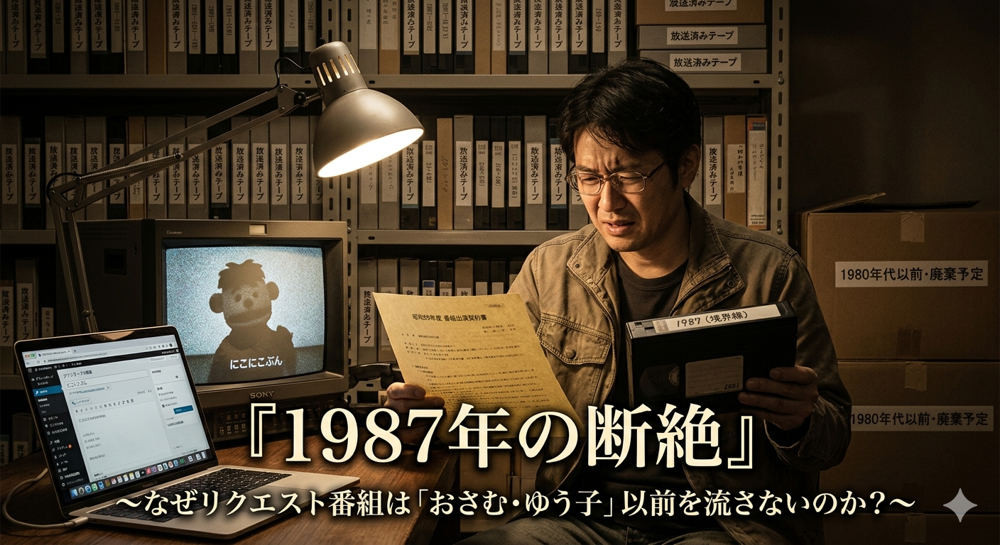 薄暗いアーカイブ室で、1980年代の番組出演契約書とVTRテープを手に苦悩する40代男性。傍らには「にこにこぷん」が映るブラウン管モニターと、ブログ執筆中のノートパソコンが置かれている。