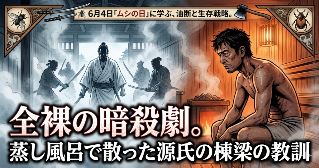 サウナで物思いにふける中年男性と、背景の湯気の中に浮かび上がる源氏の棟梁・源義朝の暗殺シーン。6月4日「ムシの日」をテーマにした、現代と歴史が交差するアイキャッチ画像。
