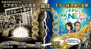 左右でモノクロと黄金色に分割されたブログのアイキャッチ画像。左側は「リクルート事件」の文字と当時の白黒ニュースのコラージュ、右側は「NE」のロゴと降り注ぐゴールドコイン。右下にはブラックコーヒーを持つハシビロコウが描かれ、中央に「Eテレ経済圏の誕生:BIRTH」のタイトル文字が大きく配置されている。