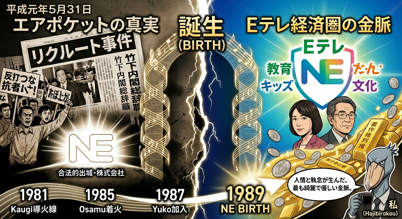 左右でモノクロと黄金色に分割されたブログのアイキャッチ画像。左側は「リクルート事件」の文字と当時の白黒ニュースのコラージュ、右側は「NE」のロゴと降り注ぐゴールドコイン。右下にはブラックコーヒーを持つハシビロコウが描かれ、中央に「Eテレ経済圏の誕生：BIRTH」のタイトル文字が大きく配置されている。