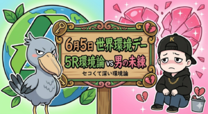 世界環境デーに5R環境論を語るハシビロコウと失恋で落ち込む後輩のイラスト
