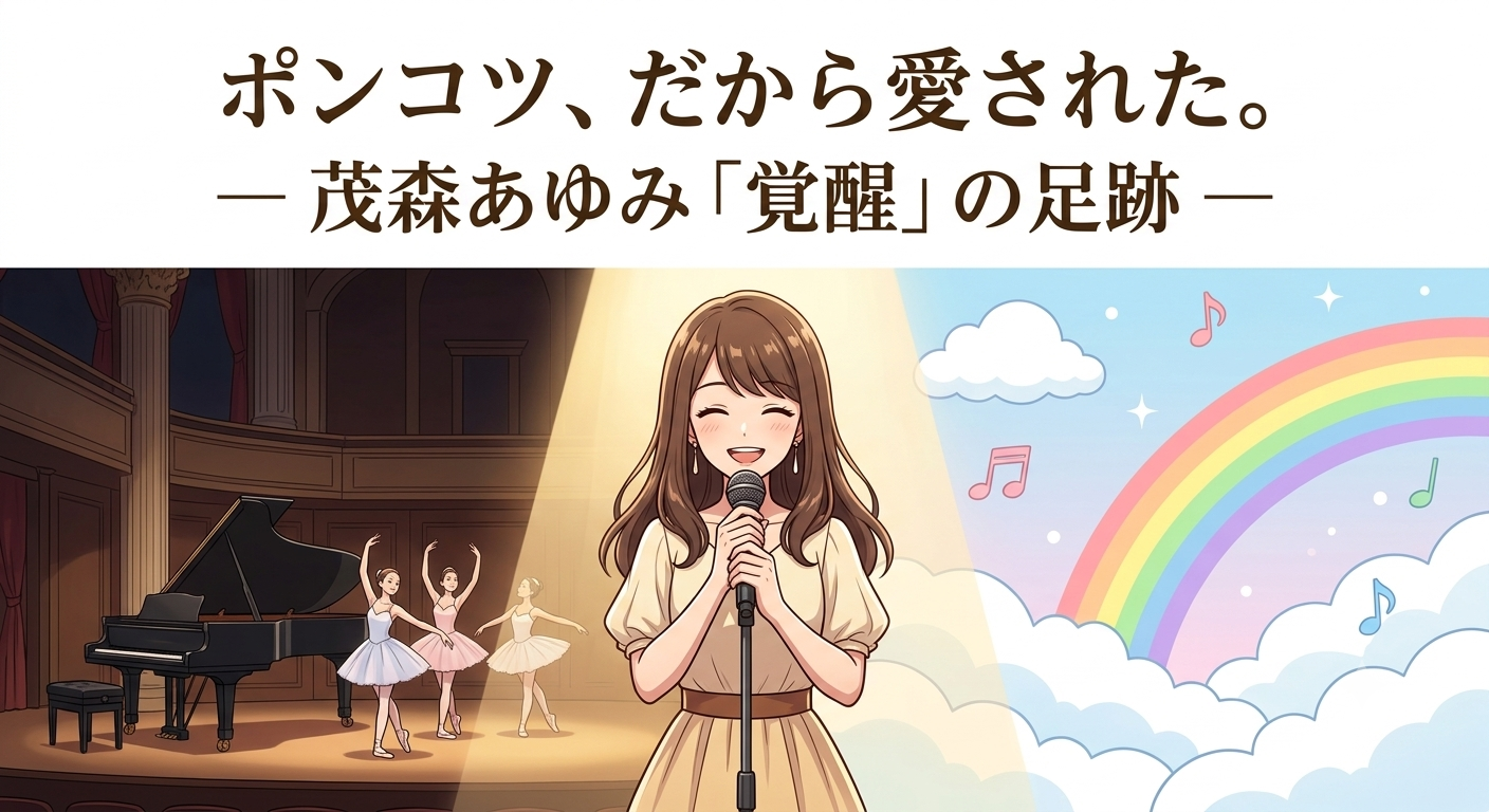 スポットライトを浴びて笑顔で歌う女性シンガーのイラスト。左側にはクラシックオペラの舞台、グランドピアノ、バレエダンサー、右側には子ども番組風の虹や雲、音符が描かれており、上部には「ポンコツ、だから愛された。― 茂森あゆみ「覚醒」の足跡 ―」という記事のキャッチコピーが入っているアイキャッチ画像。