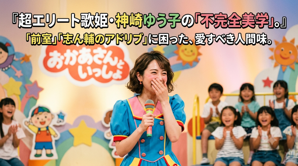 明るい子供番組風のスタジオステージで、1990年代風のカラフルな衣装を着たショートヘアの日本人女性歌手が、パフォーマンス中にチャーミングなミスをして恥ずかしそうに口元を隠して笑っている写真。上部には『超エリート歌姫・神崎ゆう子の「不完全美学」。』という文字が入っている。