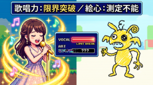 レトロRPG風の対比イラスト。左側にキラキラと歌う可愛い歌のお姉さん、右側にクレヨンで描かれた黄色い落書きモンスター。中央には「歌唱力：限界突破／絵心：測定不能」のテキストとステータス画面が描かれている。