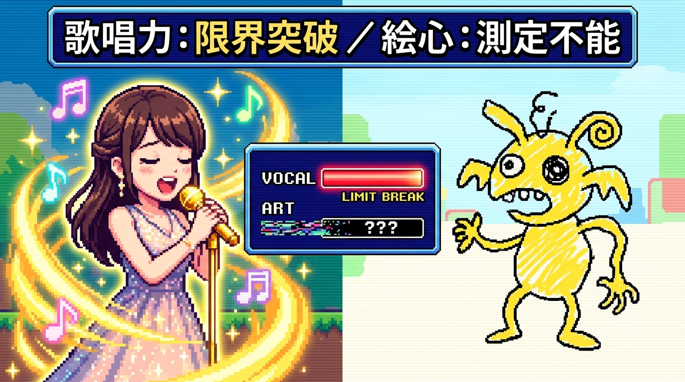 レトロRPG風の対比イラスト。左側にキラキラと歌う可愛い歌のお姉さん、右側にクレヨンで描かれた黄色い落書きモンスター。中央には「歌唱力：限界突破／絵心：測定不能」のテキストとステータス画面が描かれている。