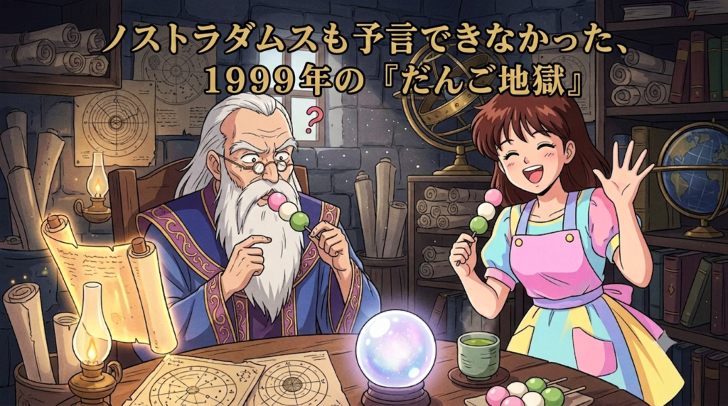 レトロなアニメ風イラスト。薄暗い書斎で、戸惑う老人（魔法使い/占星術師風）と笑顔の若い女性（子ども番組のおねえさん風）が、串に刺さったお団子（三色だんご）を手に持っている。背景には古い巻物や天体儀、光る水晶玉が置かれている。