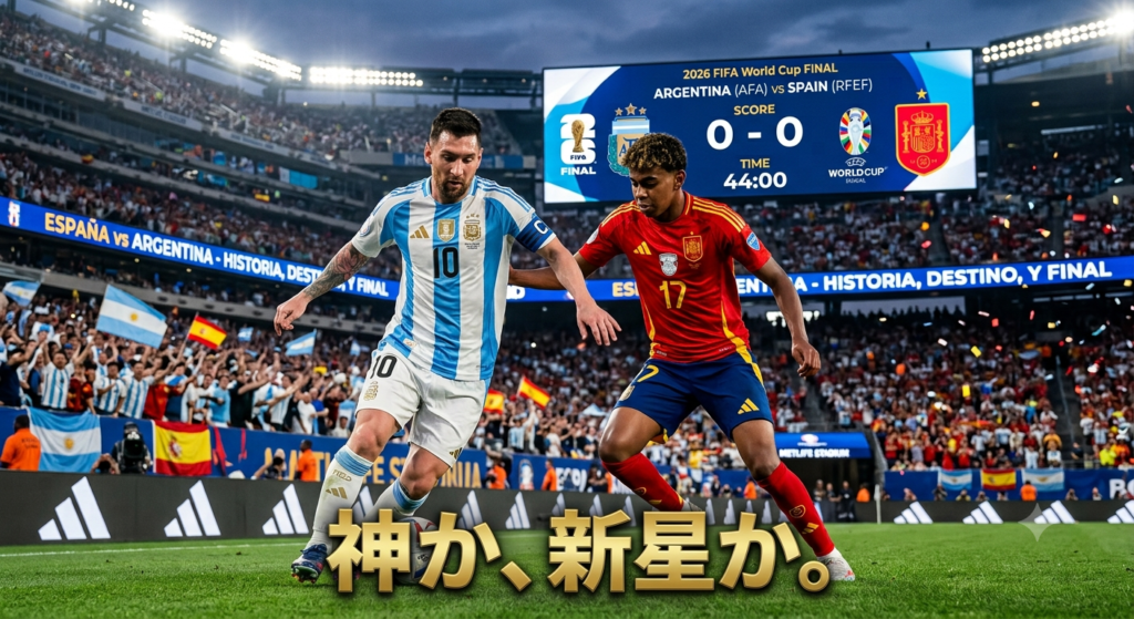 2026年W杯決勝の舞台で対峙するアルゼンチン代表のリオネル・メッシ選手とスペイン代表のラミネ・ヤマル選手。「神か、新星か。」の文字入りアイキャッチ画像。