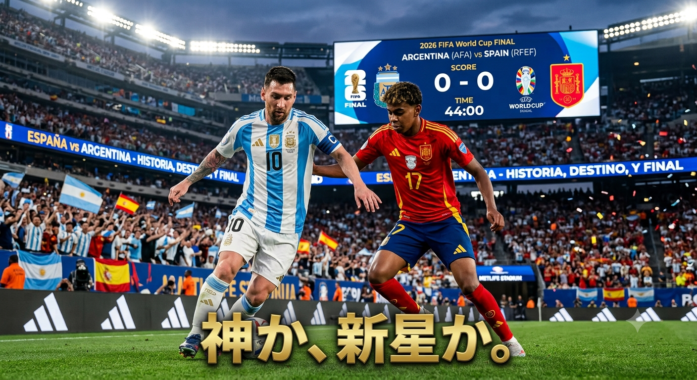 2026年W杯決勝の舞台で対峙するアルゼンチン代表のリオネル・メッシ選手とスペイン代表のラミネ・ヤマル選手。「神か、新星か。」の文字入りアイキャッチ画像。