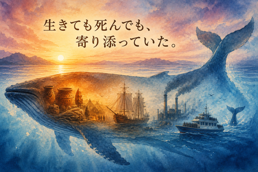 クジラに浮かぶ人類の営みの図