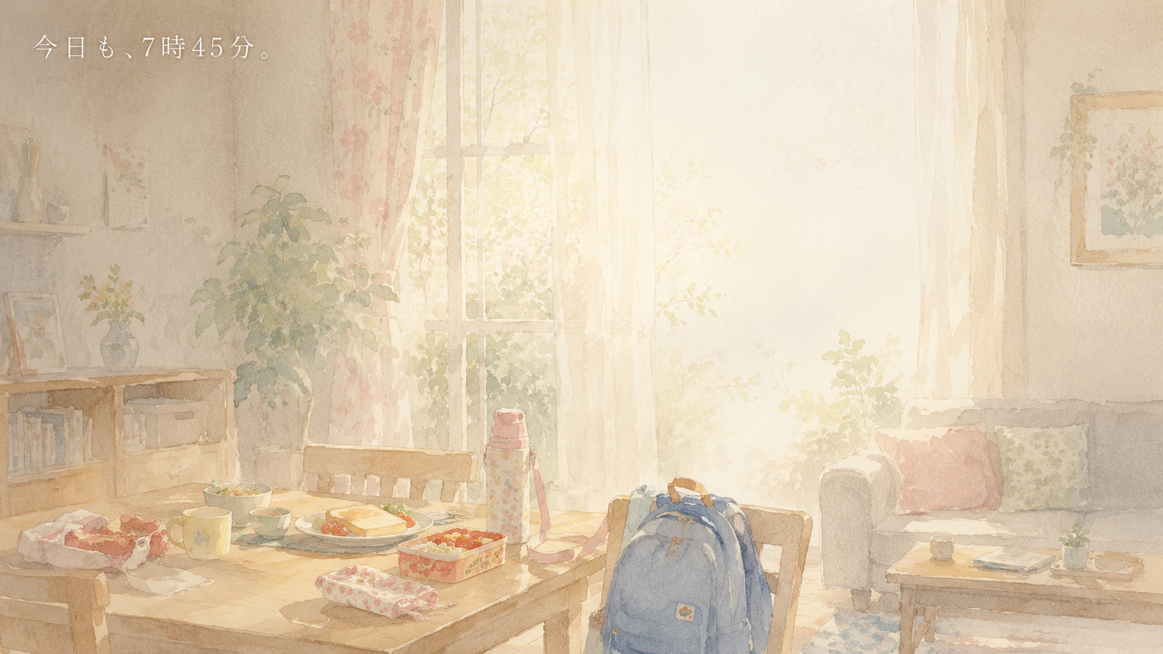 何かと忙しい朝。淡いうららかな春の光に照らされて朝食の準備がされている。今日も7:45。