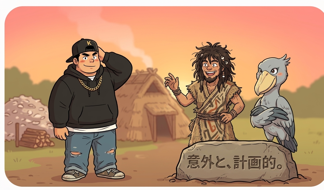 ちゃんとしてない後輩Kと意外とちゃんとしてる縄文人夕陽に映る