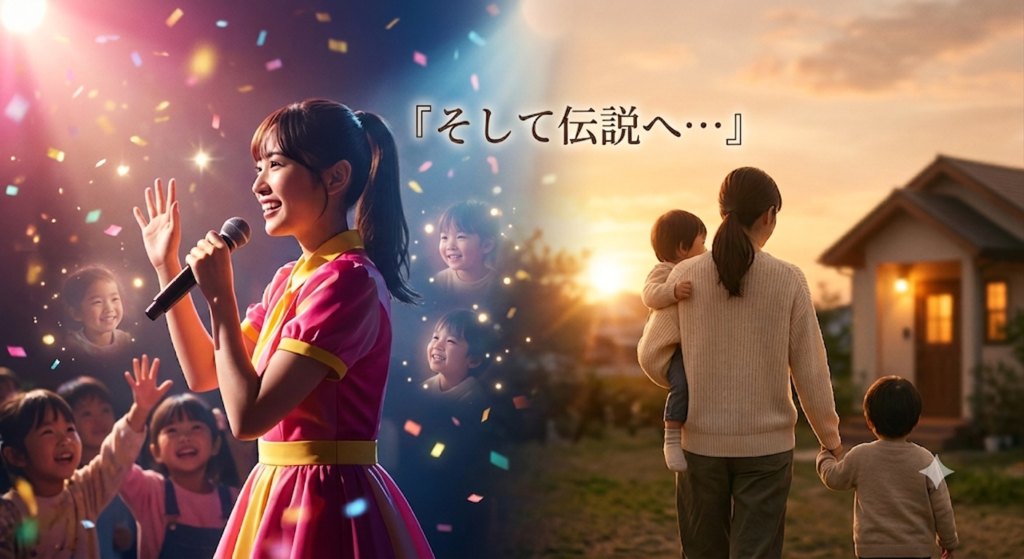 ステージで笑顔で歌うたくみおねえさんと、夕暮れ時に子どもと歩く母親の後ろ姿を描いたイラスト。「そして伝説へ…」の文字入り。
