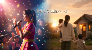 ステージで笑顔で歌うたくみおねえさんと、夕暮れ時に子どもと歩く母親の後ろ姿を描いたイラスト。「そして伝説へ…」の文字入り。