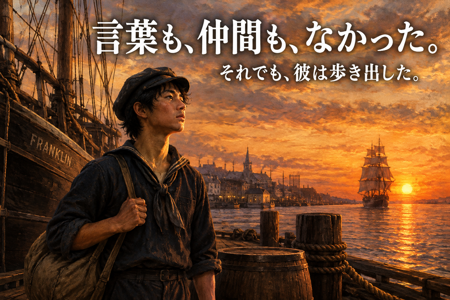 夕陽に佇む若き日本人水夫