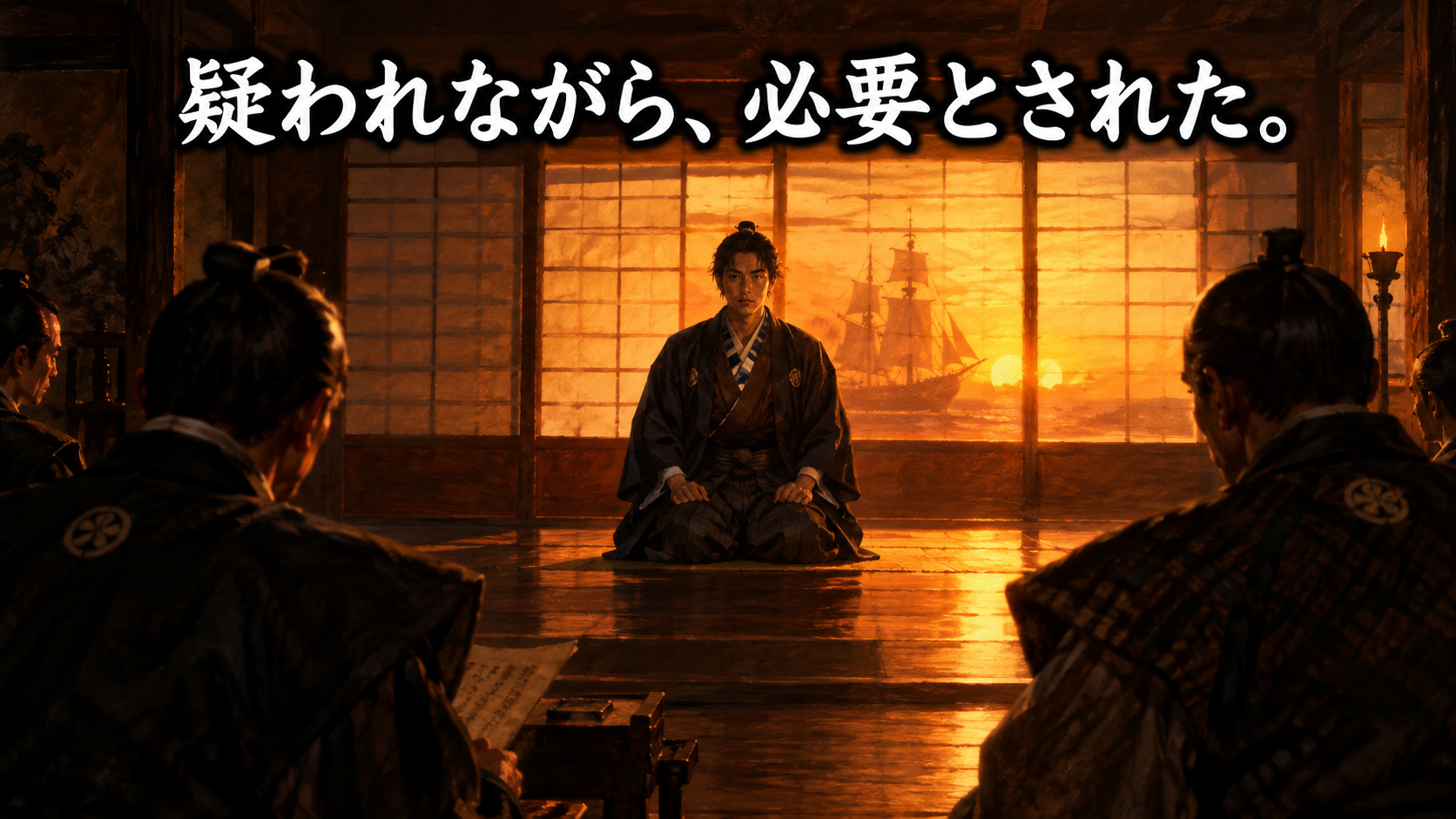 夕暮れの中執拗な取り調べを受ける青年背後に映る舟