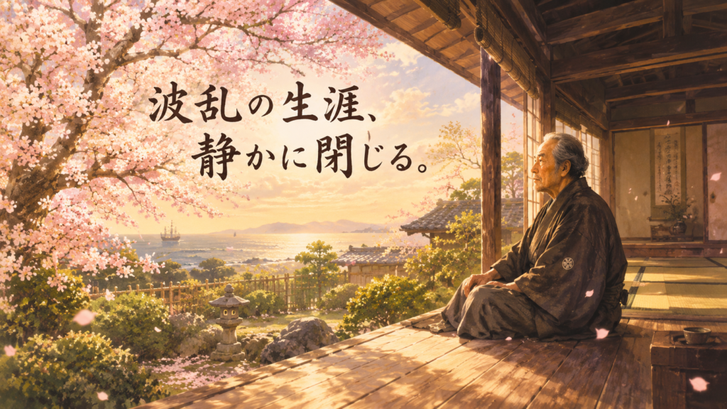 桜咲き誇る縁側に静かに座る老人