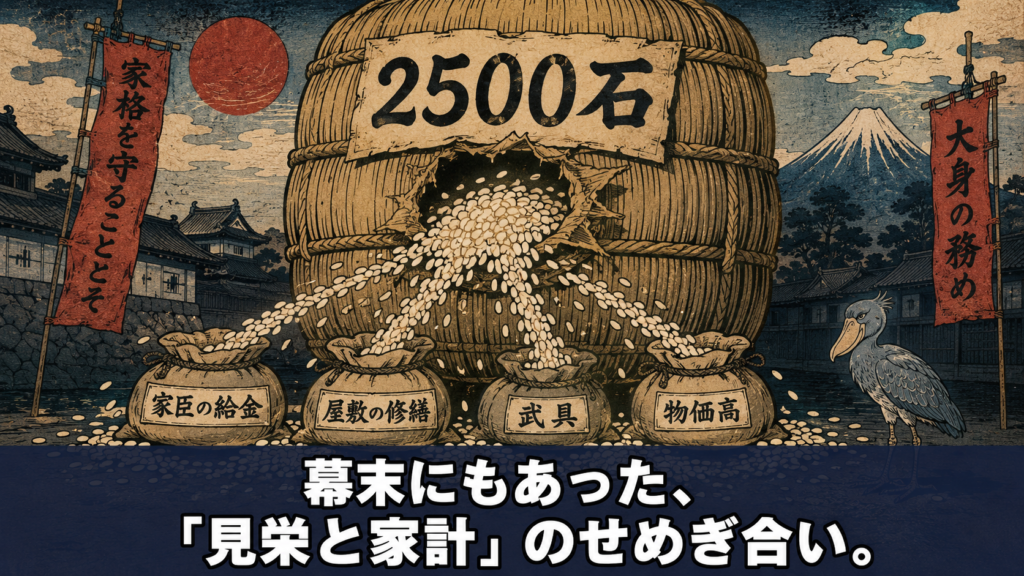 「2500石」の米俵から家臣の給金や屋敷の修繕、武具、物価高へ米が流れ出す浮世絵風イラスト