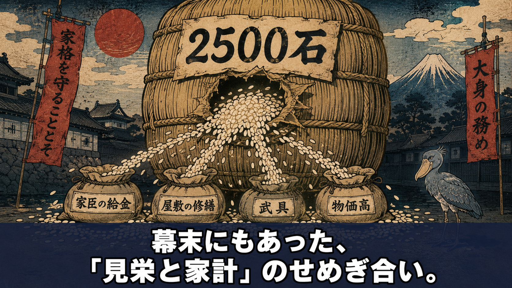 「2500石」の米俵から家臣の給金や屋敷の修繕、武具、物価高へ米が流れ出す浮世絵風イラスト