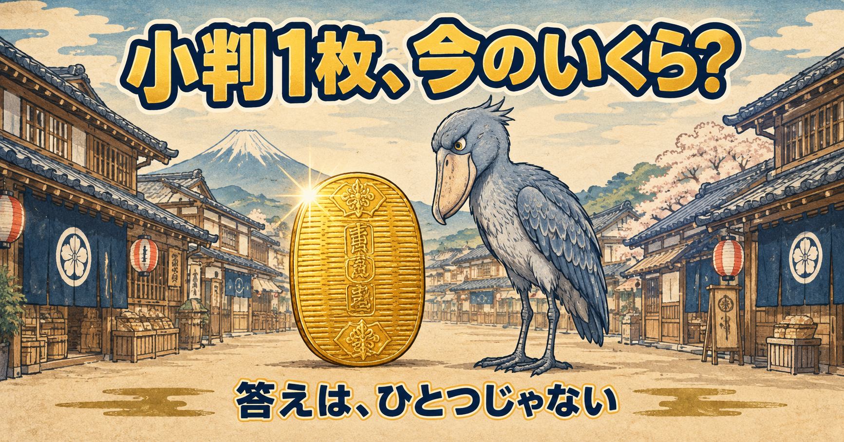 江戸の町にそびえる小判と見つめるハシビロコウ